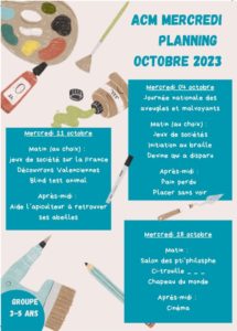 Planning de septembre et octobre de l'accueil de loisirs 2